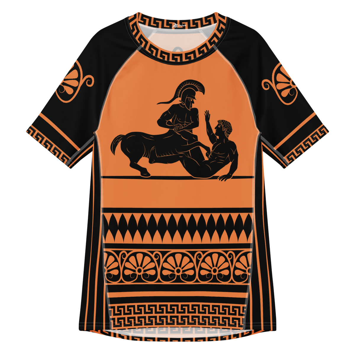 A short-sleeve athletic jersey with a black and orange Greek antiquity theme, featuring a central black silhouette of a centaur performing a heel hook submission and decorative geometric patterns on the sleeves and hem.