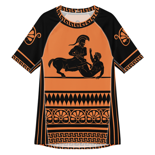 A short-sleeve athletic jersey with a black and orange Greek antiquity theme, featuring a central black silhouette of a centaur performing a heel hook submission and decorative geometric patterns on the sleeves and hem.